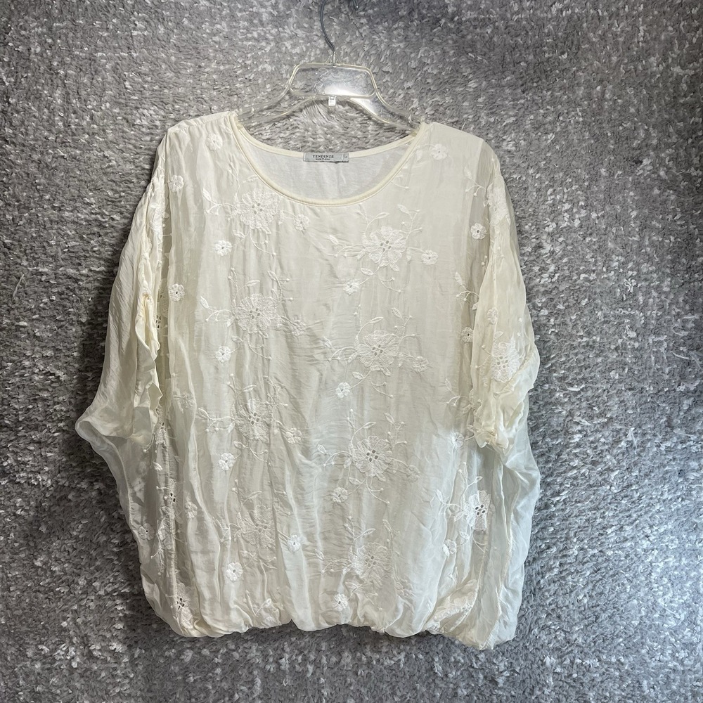 Tendenze Italy White Silk Blend Floral Embroidered Overlay Blouse L Preppy